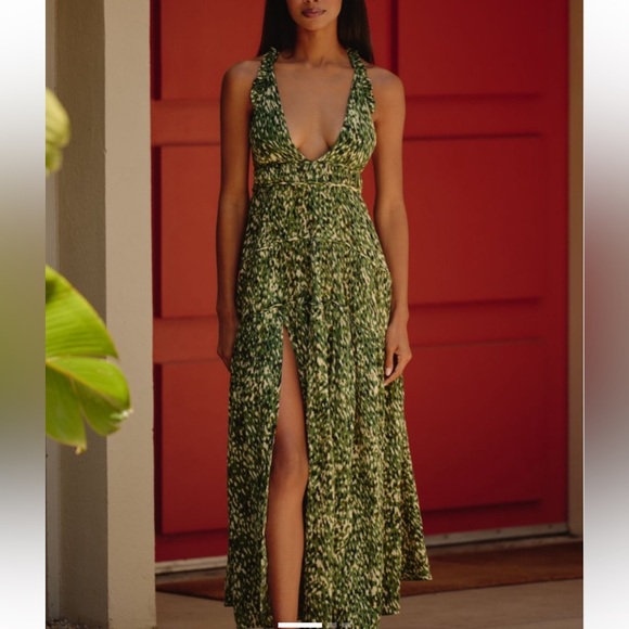 Celandine Dresses & Skirts - Celandine Green Printed Halter Maxi Dress with Front Slit from anthropologie